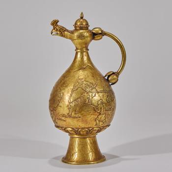 明以前 金制 契丹人物狩獵圖 鳳首執(zhí)壺
