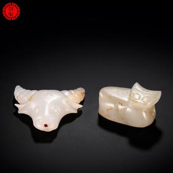 明 玉牛首、玉臥牛一組
