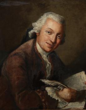 école fran?aise du XVIIIe siècle, portrait d’homme de lettres ou de notable en habit d’époque Louis XV, représenté tenant une plume et une lettre da