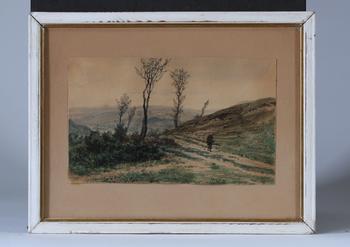 Charles SOUBRE (1821-1895), ? Paysage ?, aquarelle figurant un chemin de campagne animé d’un personnage dans un paysage vallonné aux arbres élancés.