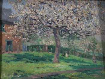 Yvonne VONNOT-VIOLLET (1883-1936), huile sur panneau représentant une maison de campagne et un pommier en fleurs dans un jardin printanier. Compositio