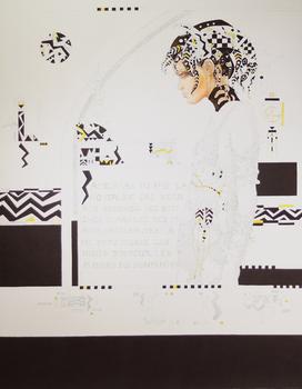 Christian LE MOULT (1941-2024), huile sur toile représentant une jeune femme de profil dans une composition stylisée mêlant motifs géométriques et ins