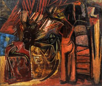 Floris JESPERS (1889-1965), très grande huile sur toile “Famille africaine”, composition expressionniste aux figures stylisées et puissantes, palett