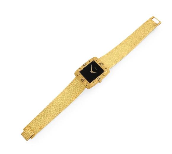 RoseberysPiaget. An 18ct gold manual wind bracelet watch with black dial?
P