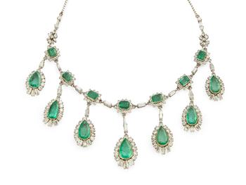 An emerald and diamond fringe necklace,?designed as a row of octagonal step-cut emerald and brilliant-cut diamond clusters joined by baguette-cut dia