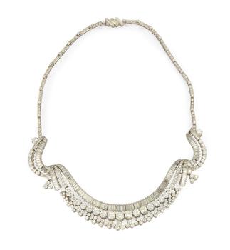A diamond necklace,?of garland design, the front half with a row of claw-set graduated baguette-cut diamonds with a row of graduated brilliant-cut di