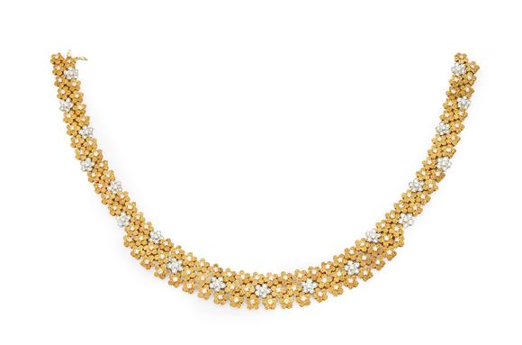 RoseberysKutchinsky. A diamond set necklace, designed as two rows of textured floral panels with brilliant-cut diamond centres, and brilliant-cut diamond flora