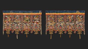 An extraordinary pair of Tibetan silk brocade appliqué temple hangings. Around 1900