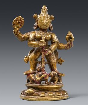 An excellent Orissan brass figure of Durga Mahishasuramardini. Eastern India. 16th century