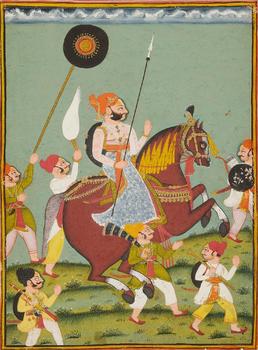 A Rajasthani portrait of a raja on horseback. Opaque pigments and gold on paper. India. 19th century