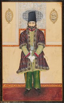 A Qajar portrait of Aliqoli Mirza (1822—1880), the first Minister of Science. Opaque pigments and gold on paper. Persia. Dated 1272 AH (1855/56)