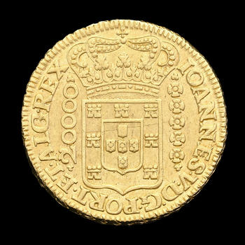 Brésil, Jo?o V (1724-1750), 20.000 reis en or, 1726, Minas Gerais, tranche feuillagée, diam. 3,8 cm, 53,6 g.