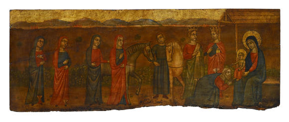 Piguet - H?tel des VentesAdoration des trois rois mages, ic?ne sur panneau polychrome et doré, XIXe dans le style italo-crétois XIVe s., 45x120 cm