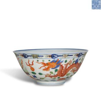 Qing Dynasty Daoguang Period,Blue and White Wucai Bowl with Dragon and Phoenix
