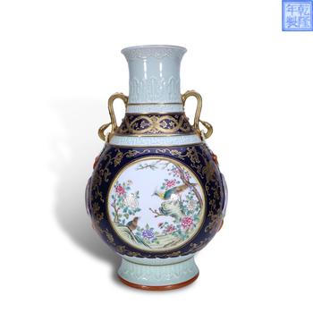 Qing Dynasty Qianlong Period,Blue Glaze Gilt Zun with Famille Rose Bird-Flower Cartouches and Double Handles