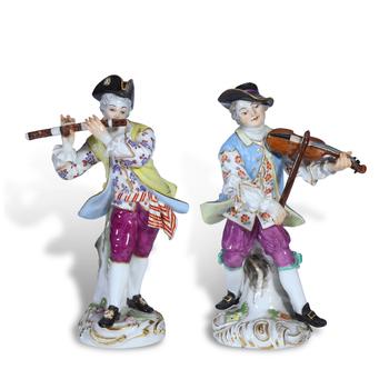 Late 19th Century Pair of Meissen Rococo Porcelain Figurines of Court Musicians
