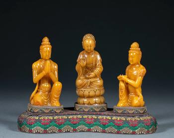 玉璇作 西方三圣 田黃石擺件