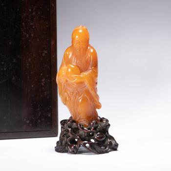 友竹刻  黃石壽星置物