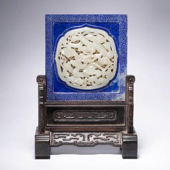 元 白玉 硯屏 帶紫檀座