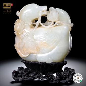 清乾隆 白玉寶鴨穿蓮鳳紋擺件