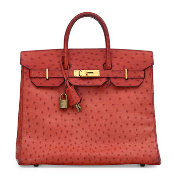 Hermès, sac HAC 32 en cuir d’autruche rouge, 1988, 2 clefs, cadenas, housse