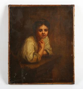 Manner of Rembrandt van Rijn - Girl at a window, oil on canvas, 25.5