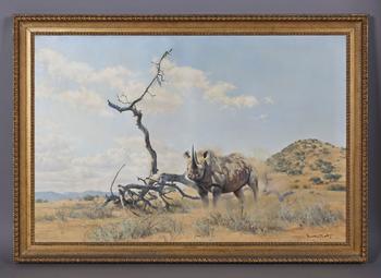 Donald Grant (British 1924-2001) - Rhinoceros in a landscape, oil on