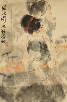 周思聰 汲水圖 紙本鏡心