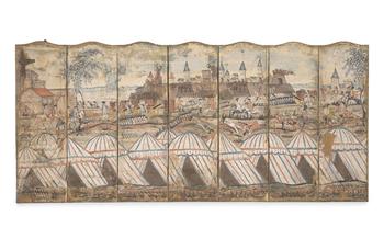 A CONTINENTAL POLYCHROME PAINTED SEVEN FOLD ROOM SCREEN OF A BATTLEGROUND, 18TH CENTURY