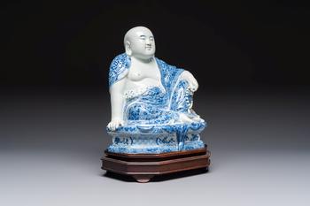 A fine Chinese blue and white Milefo Buddha on a wooden stand, Wei Hongtai Zao 魏洪泰造 mark, Republic
