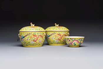 A pair of Chinese famille rose yellow-ground 'Dragon and Phoenix' covered warming bowls and a bowl, Tongzhi marks, 19th C.