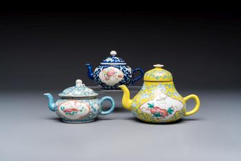 Three Chinese famille rose blue- and yellow-ground teapots and covers for the Straits or Peranakan market, Tongzhi marks, 19th C.