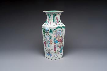 A Chinese famille rose square vase with narrative design, 19th C.