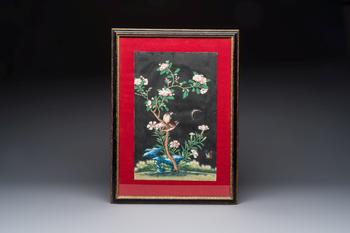 Canton school: 'Birds among Flowering Branches', gouache on paper, 19th C.