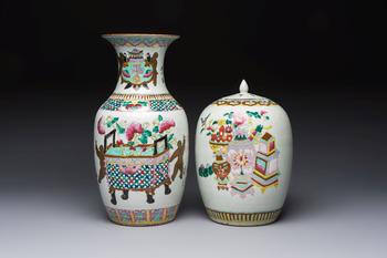 A Chinese famille rose 'Antiquities' vase and a covered jar, 19th C.