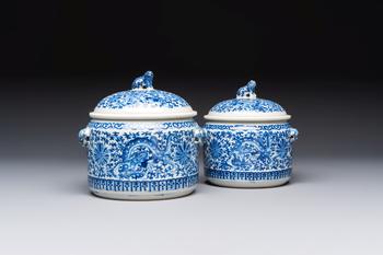 Two Chinese blue and white 'Chilong' covered warming bowls, Guangxu mark and of the period