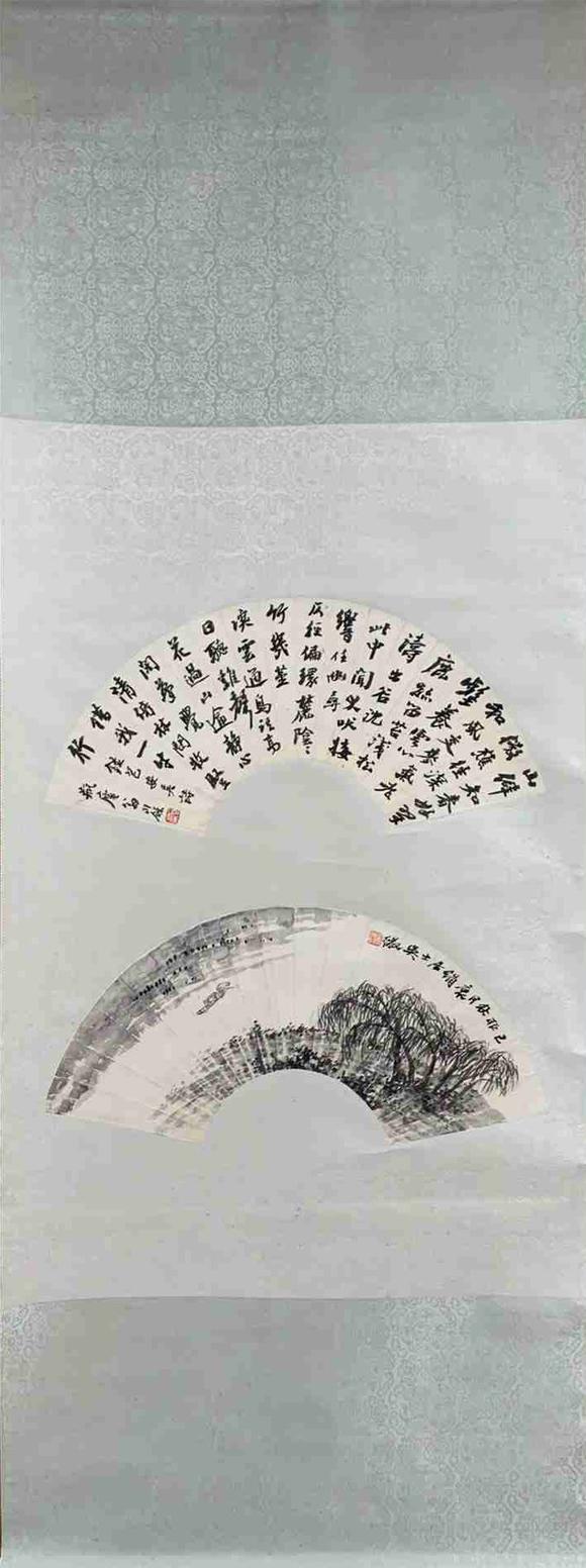 日本松町古美吳徵 翁同和 山水書(shū)法扇面雙挖