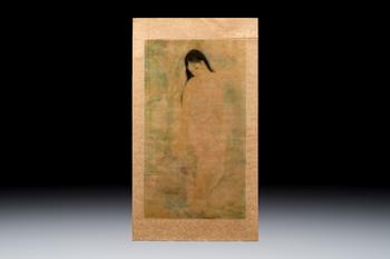 Attributed to Nguyen Gia Tri (1908-1993): 'Bather', ink and watercolour on silk, Tien Sa, dated 1st Jan. 1974
