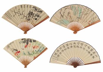 王福廠（1879-1960）、汪亞塵（1894-1983）、溥傑（1907-1994）、李燕生（1953-）書畫成扇四把