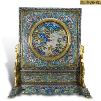 清乾隆 銅胎掐絲琺瑯纏枝花卉開光山水人物紋插屏