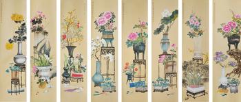 孔小瑜 花卉博古圖八條屏