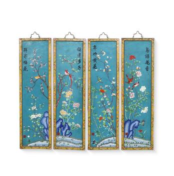 景泰藍嵌寶花鳥四條屏
