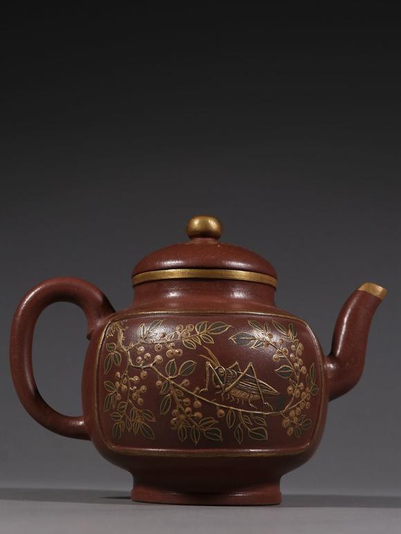 邵景南作描金花鸟纹紫砂壶