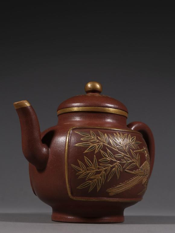 邵景南作描金花鸟纹紫砂壶