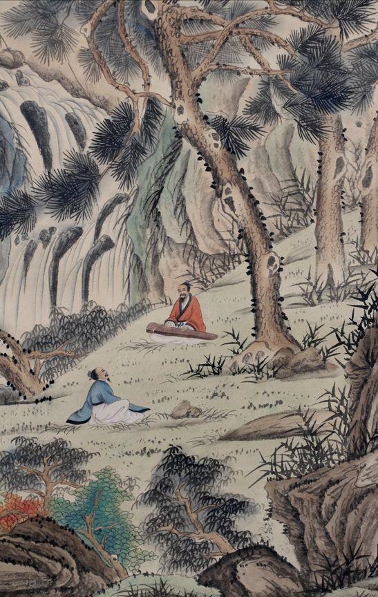 吴琴木飞瀑抚琴图