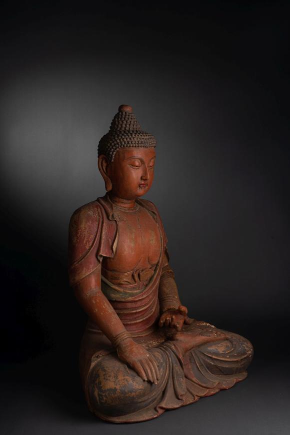 日本拍卖事业株式会社宋代木雕彩绘三世佛坐像