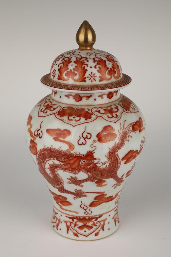 日本松町古美釉里红云龙纹将军罐