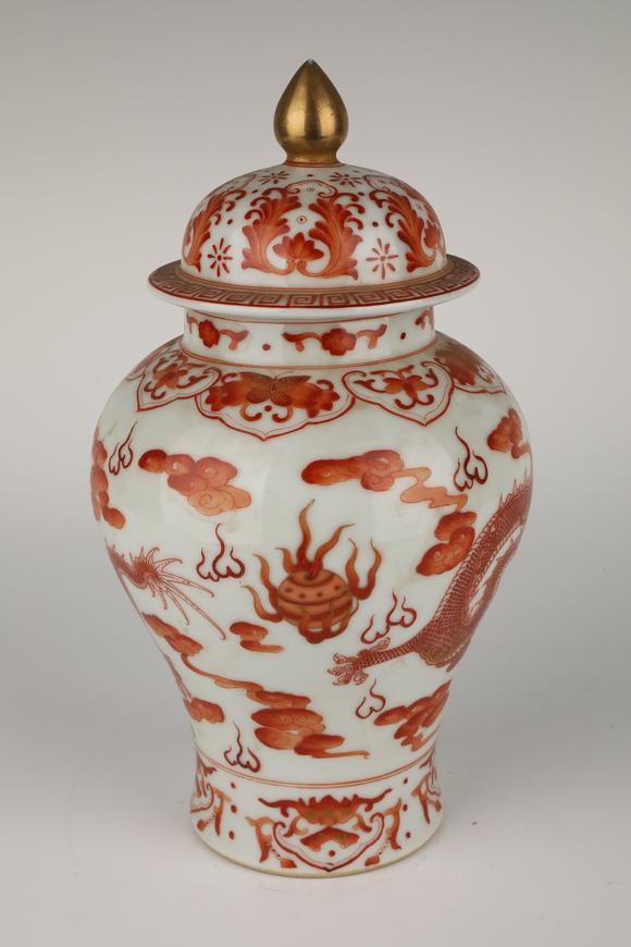 日本松町古美釉里红云龙纹将军罐