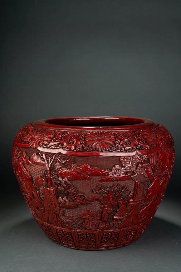 清代剔红漆器人物山水罐