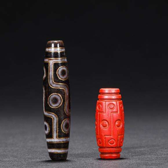 九眼天珠两枚朱砂错金